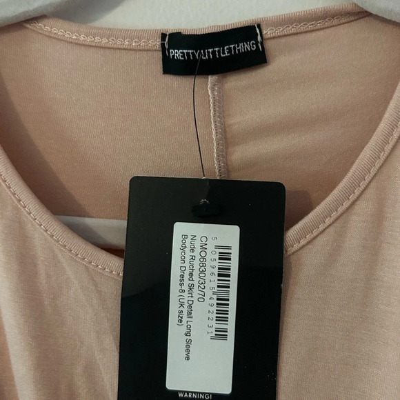 SALE! NWT pretty little thing Nude Ruched Skirt Detail Long Sleeve Bodycon Dress - Picture 3 of 8